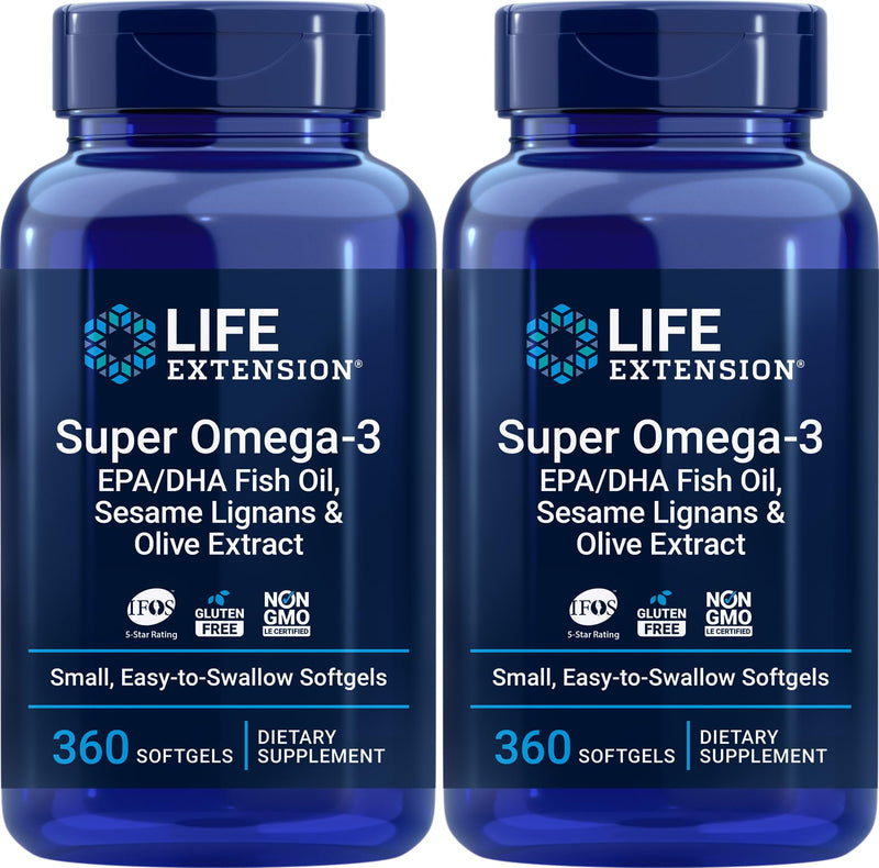 Life Extension Super Omega-3 360 Softgels (2-Pack) – Easy to Swallow, Lemon Flavor, IFOS Certified