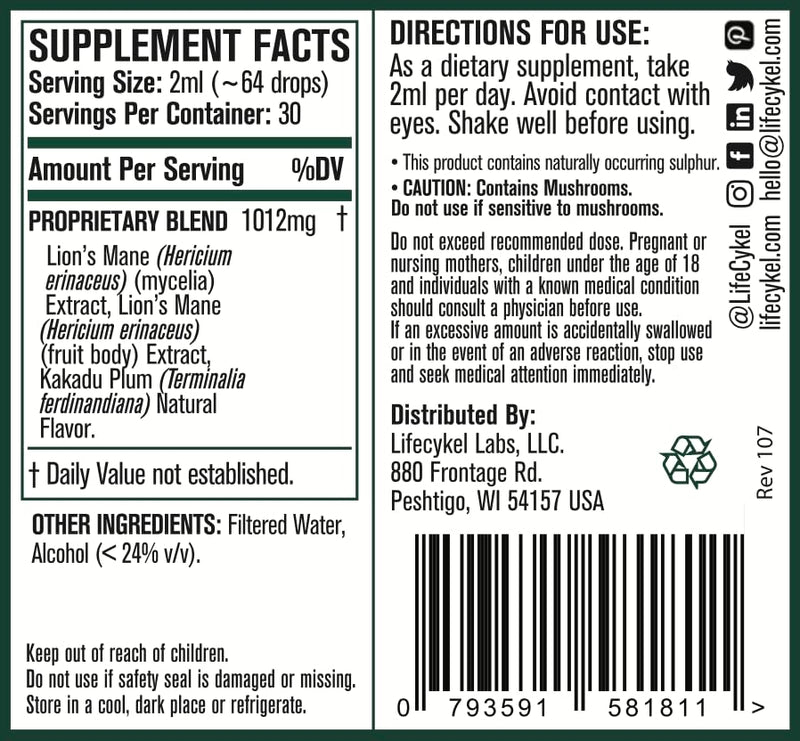 Lifecykel Lion's Mane Mushroom Extract w/Kakadu Plum — Memory, Focus & Sleep (2 oz, 30 Servings) Made in USA