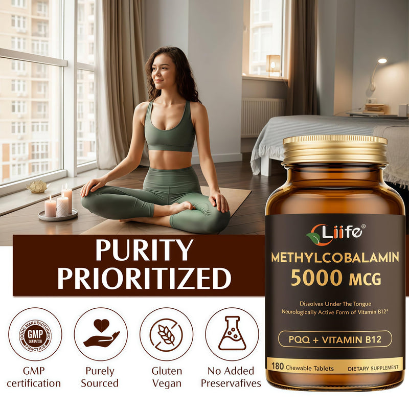 LIIFE Methylcobalamin (PQQ+Vitamin B12) 5000 MCG | 180 Chewable Tablets | Energy & Brain Health - Gluten Free