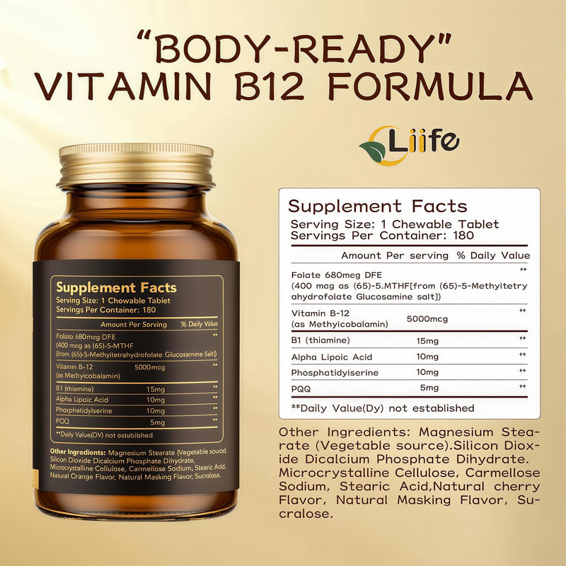 LIIFE Methylcobalamin (PQQ+Vitamin B12) 5000 MCG | 180 Chewable Tablets | Energy & Brain Health - Gluten Free