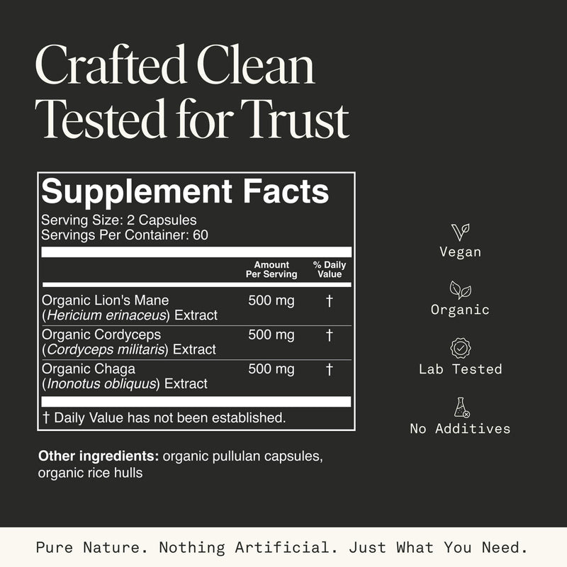 Mushroom Supplement with Lions Mane, Chaga & Cordyceps – USDA Organic, Vegan, 120 Caps (2-Month Supply)
