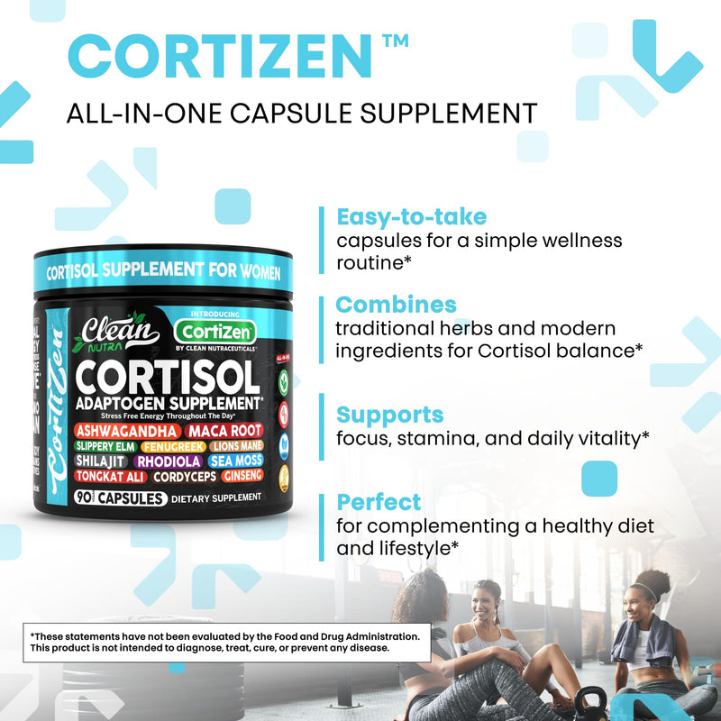 Clean Nutra Cortisol Supplements For Women | Maca Root Ashwagandha Cortisol Detox Manager Reducer + Slippery Elm Fenugreek Lions Mane Shilajit Rhodiola Sea Moss Tongkat Ali Cordyceps Ginseng Beet Root