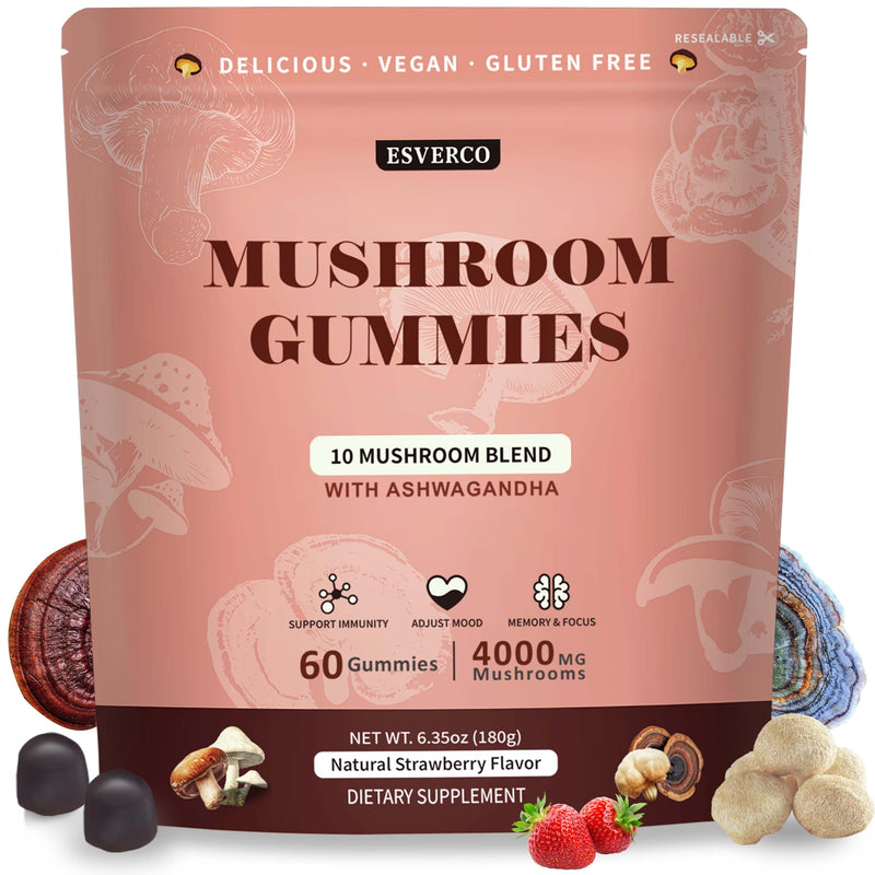 Lions Mane Mushroom Gummies with Ashwagandha | 4000mg 10-Mushroom Complex | 60 Count