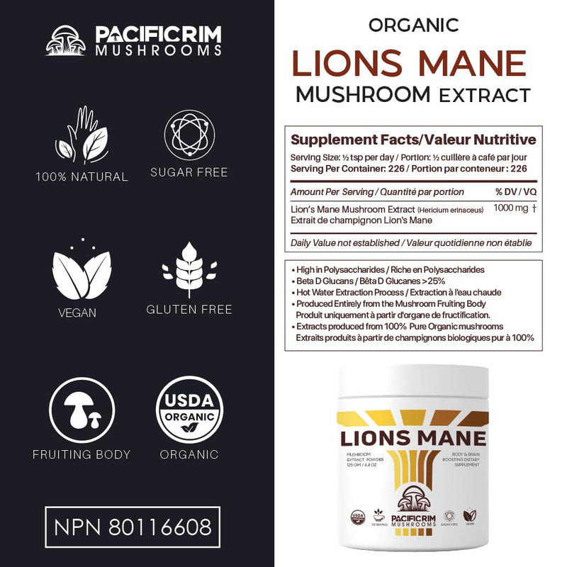 Pacific Rim Mushrooms Lions Mane Supplement Powder Ultra Strength 10:1 Organic Lions Mane Mushroom Supporting Memory, Cognition, Brain Health, 8 Ounces / 226 Servings