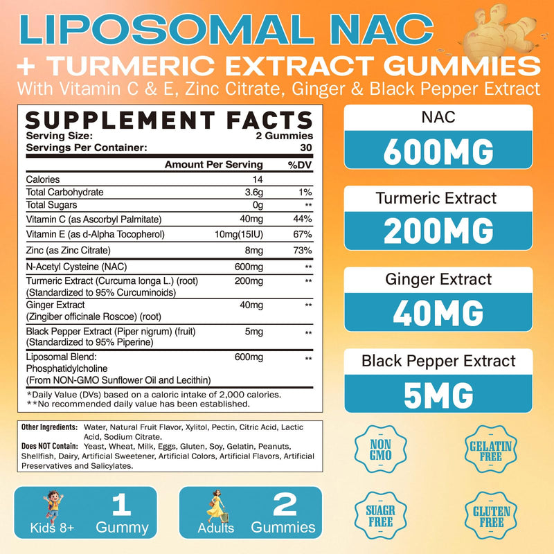 Liposomal NAC Gummies 600mg | NAC Supplement for Immunity, Liver & Lung Health | Sugar-Free Pineapple, 60 Count