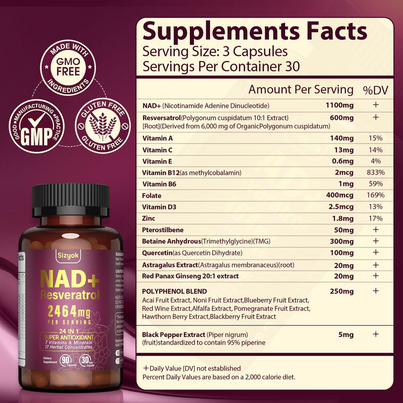 NAD Supplement 1100mg + Resveratrol 600mg | Liposomal NAD+ Capsules with Pterostilbene & Quercetin - Sizyok