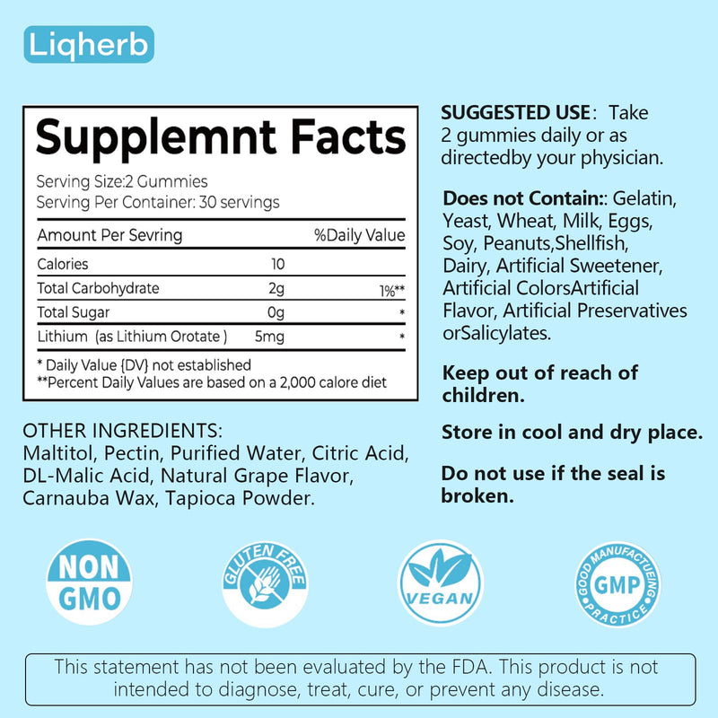 Liqherb Lithium Orotate 5mg Gummies – Mood Support & Stress Management, Vegan, Sugar-Free, Gluten-Free | Grape Flavor, 60 Gummies