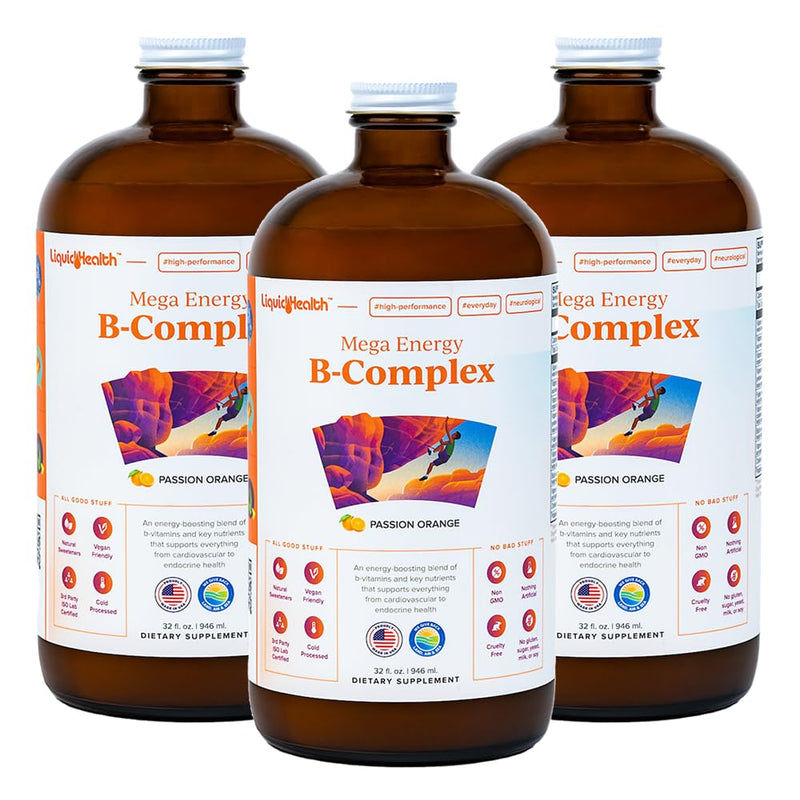 LIQUIDHEALTH Mega Energy B-Complex – Liquid Vitamin for Natural Energy, Immune Support, and Vitality (3 Pack) – Made in USA, Vegan, Sugar-Free