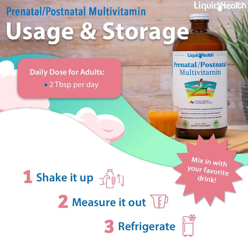 LIQUIDHEALTH Prenatal/Postnatal Liquid Multivitamin with Real Folate – Made in USA, Vegan, Sugar-Free, Non-GMO (2 Pack)