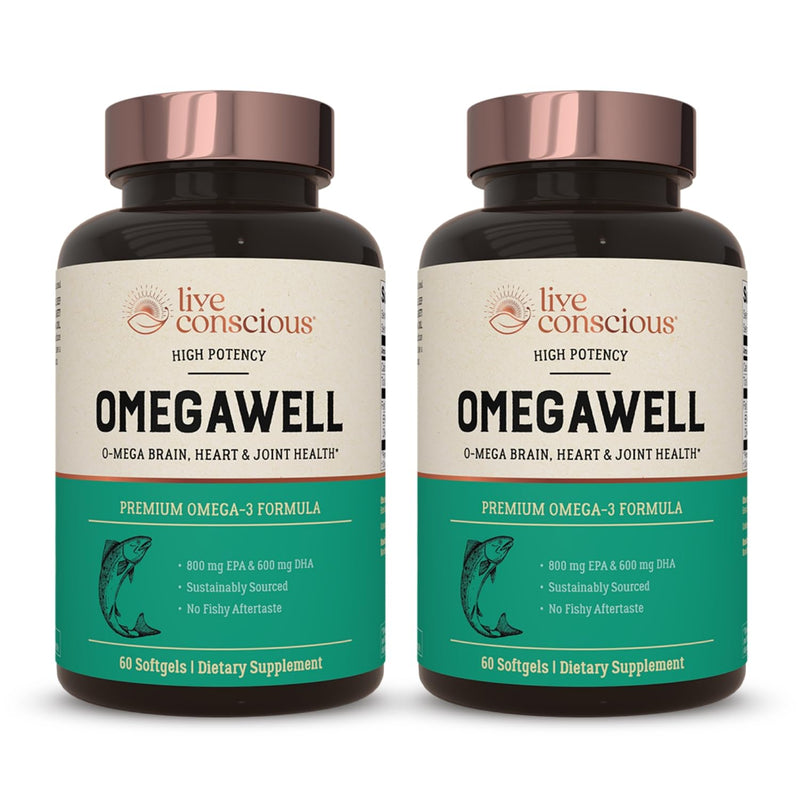 Live Conscious OmegaWell Fish Oil | 800 mg EPA / 600 mg DHA | Enteric-Coated, Burpless, Sustainably Sourced | 120-Count (2-Pack)