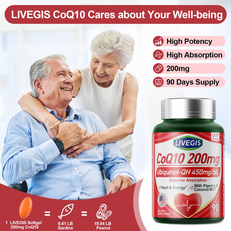 LIVEGIS CoQ10 200mg Softgels (90 Count) - Ubiquinone with MCT Oil for Heart Health & Energy