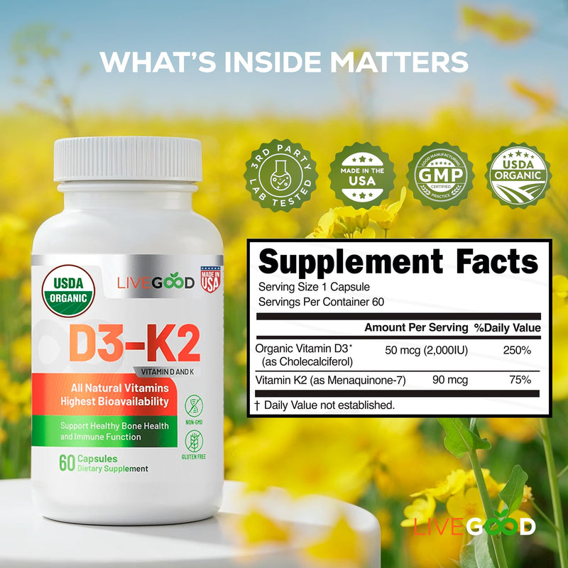 LIVEGOOD Vitamin D3 + K2 – All Natural Bone, Muscle & Immune Support (60 Capsules) - Vegan & Non-GMO