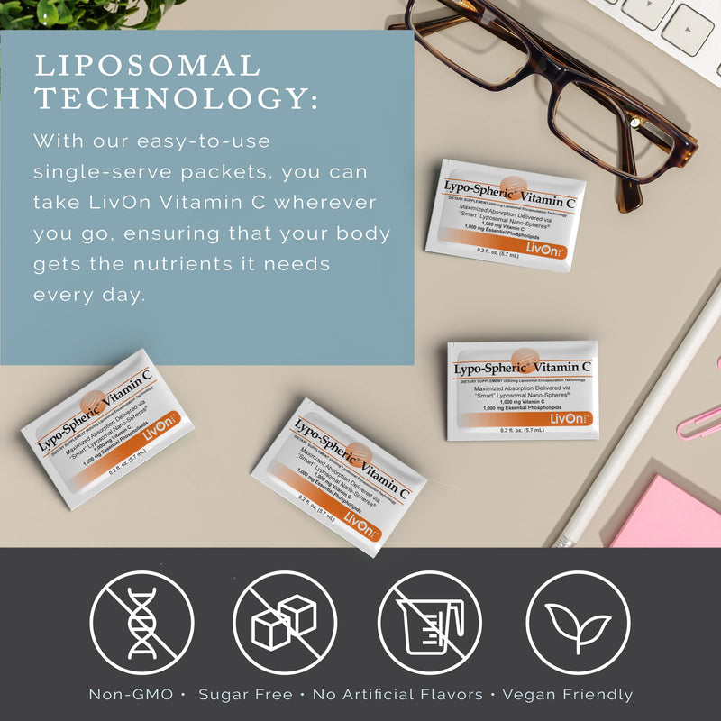 LivOn Laboratories Lypo-Spheric Vitamin C - 1,000 mg Vitamin C & 1,000 mg Essential Phospholipids per Packet | Liposome Encapsulation for Improved Absorption | Non-GMO (2 Cartons, 60 Packets)