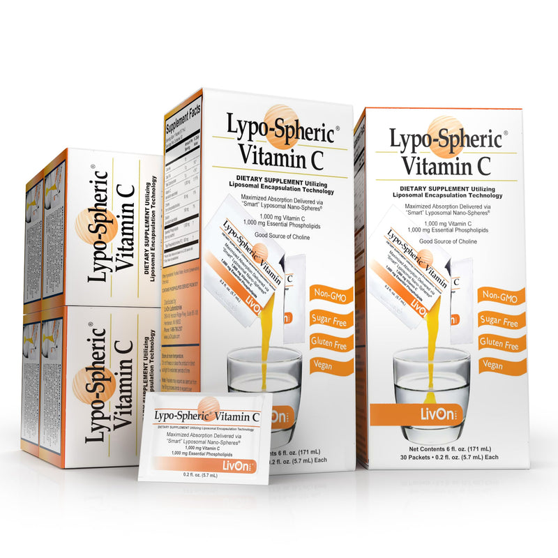 LivOn Laboratories Lypo–Spheric Vitamin C – 6 Cartons (180 Packets) – 1,000 mg Vitamin C & 1,000 mg Essential Phospholipids Per Packet – Liposome Encapsulated for Improved Absorption – 100% Non–GMO