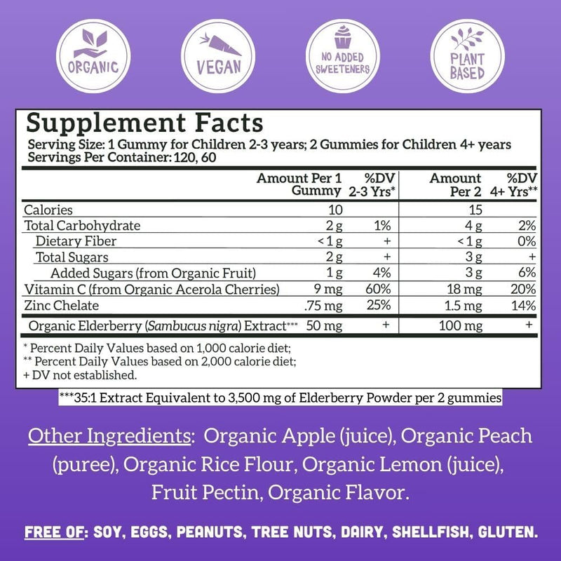 Llama Naturals Elderberry Gummies for Kids — Vegan Organic Immune Support with Vitamin C & Zinc (120 Ct)