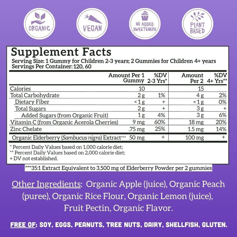 Llama Naturals Elderberry Gummies for Kids — Vegan Organic Immune Support with Vitamin C & Zinc (120 Ct)