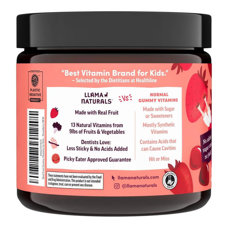 Llama Naturals Kids Multivitamin Gummies – Vegan Organic with Vitamins D, C & K | Strawberry 2 Pack
