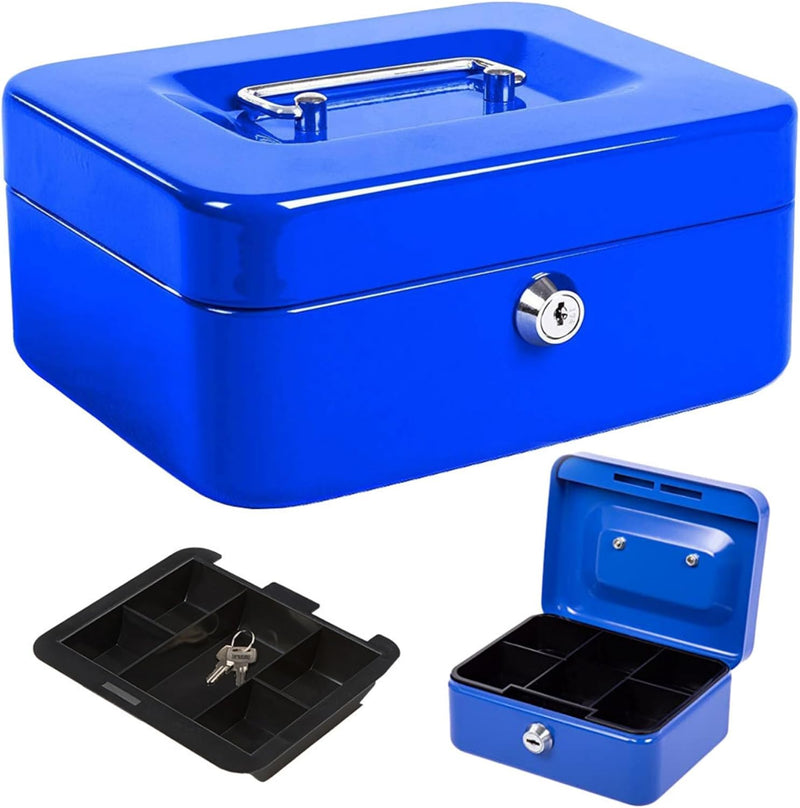 6 Inch Lockable Steel Cash Box with Keys & Removable Tray