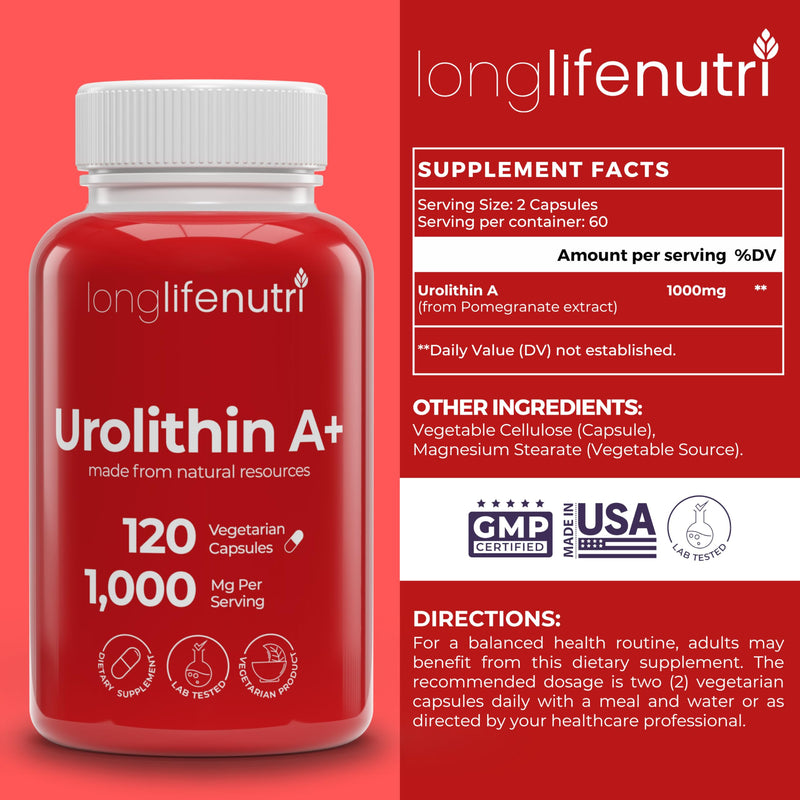 LongLifeNutri Urolithin A+ 1000mg – Advanced Formula, 2-Month Supply, Organic, USA Made