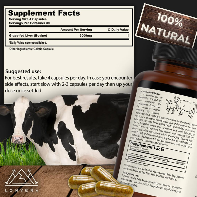 Lonvera Grass-Fed Beef Liver Capsules – 3000mg Freeze-Dried Desiccated Organs for Energy, Joints & Skin