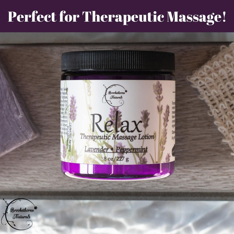 Relax Therapeutic Massage Lotion – All Natural with Lavender & Peppermint Oils | Brookethorne Naturals 8oz
