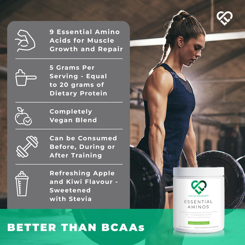 Love Life Supplements EAA Amino Acids Powder – 9 Essential Amino Acids, 60 Servings, Apple & Kiwi
