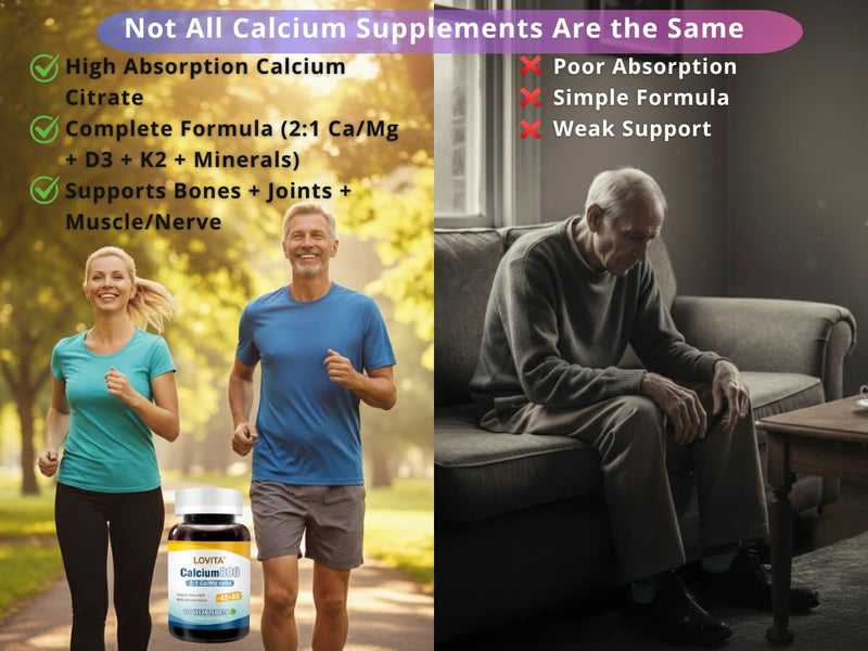 LOVITA Calcium Citrate 800 mg with Magnesium, D3 & K2 | Bone Health & Density – 120 Vegan Tablets
