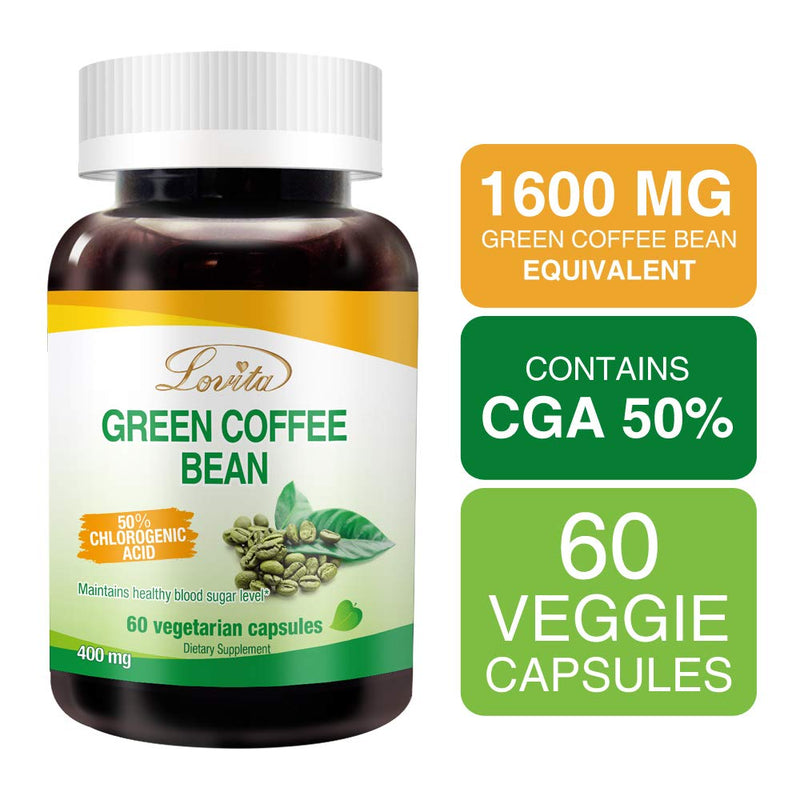 Lovita Green Coffee Bean Extract 1600 mg Equivalent, High Potent Green Coffee Extract with 50% Chlorogenic Acid for Natural Antioxidant & Size Reduction, Vegan Friendly, 60 Veggie Capsules