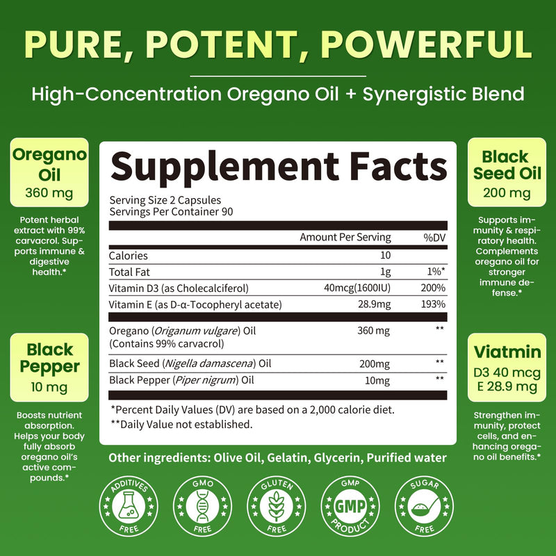 Lukaree Organic Oregano Oil Capsules with Black Seed Oil – 99% Carvacrol, 5-in-1 with Vitamin D3 & E, Black Pepper | 2-Pack