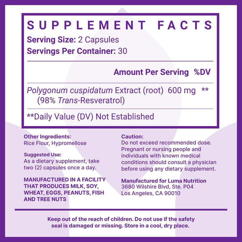 Luma Nutrition Resveratrol 98% Trans-Resveratrol – 600mg, 60 Caps, Vegan & Gluten-Free