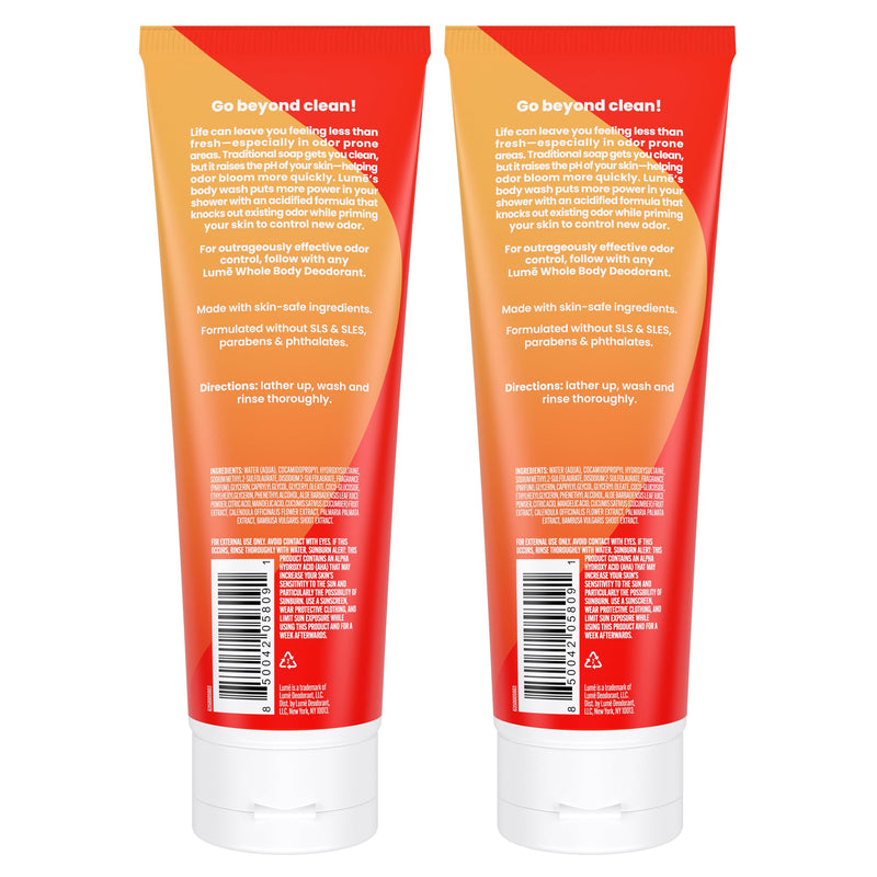 Lume Acidified Body Wash - 24 Hour Odor Control, Clean Tangerine, SLS & Paraben Free (8.5 oz Pack of 2)