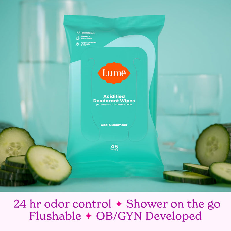 Lume Acidified Deodorant Wipes - 24 Hour Odor Control | Aluminum Free, Baking Soda Free | Cool Cucumber (Pack of 3, 45 Count per Pack)
