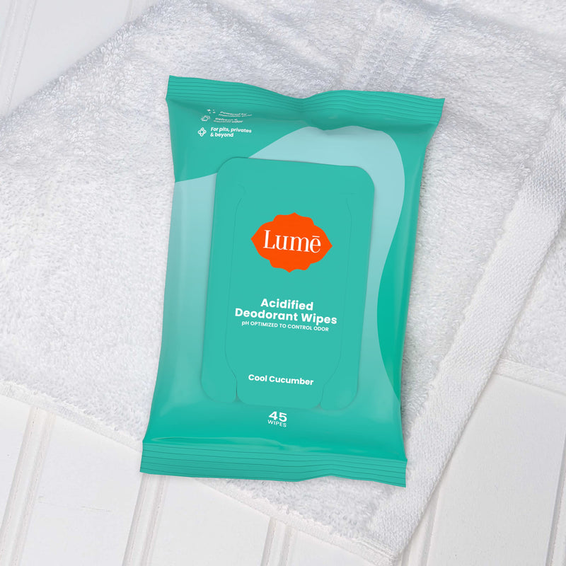 Lume Acidified Deodorant Wipes - 24-Hour Odor Control, Aluminum Free, Cool Cucumber (2-Pack, 45 Count)