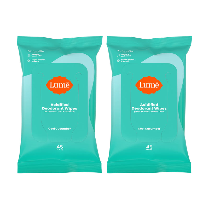 Lume Acidified Deodorant Wipes - 24-Hour Odor Control, Aluminum Free, Cool Cucumber (2-Pack, 45 Count)