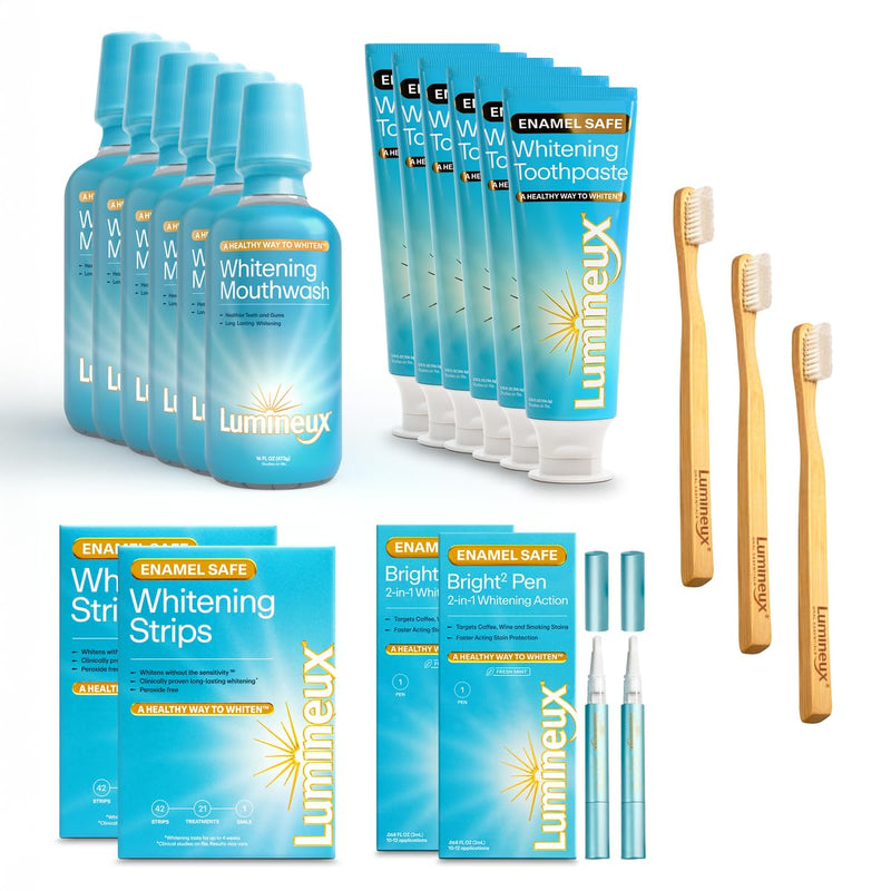 Lumineux Longevity Whitening Kit Bundle – 6 Toothpastes, 6 Mouthwashes, 2 Strips, 2 Pens | Enamel-Safe & Clinically Proven