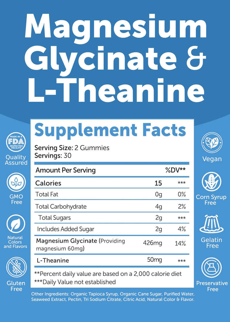 Lunakai Magnesium Glycinate Gummies with L-Theanine - 420mg Magnesium for Calm, Sleep & Stress Support (60ct)