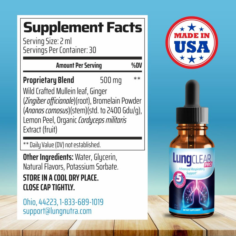 Lung Clear Pro – Lung Support Drops with Wild Mullein Leaf Extract (2 Fl Oz)