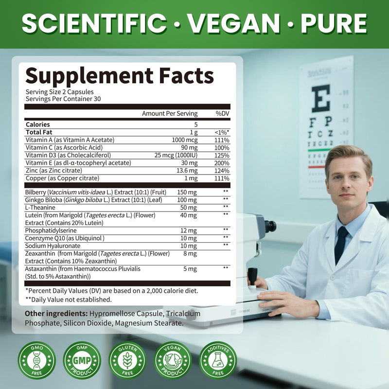 Lutein & Zeaxanthin AREDS 2 Eye Vitamins - Bilberry, Astaxanthin & Ginkgo - 60 Capsules