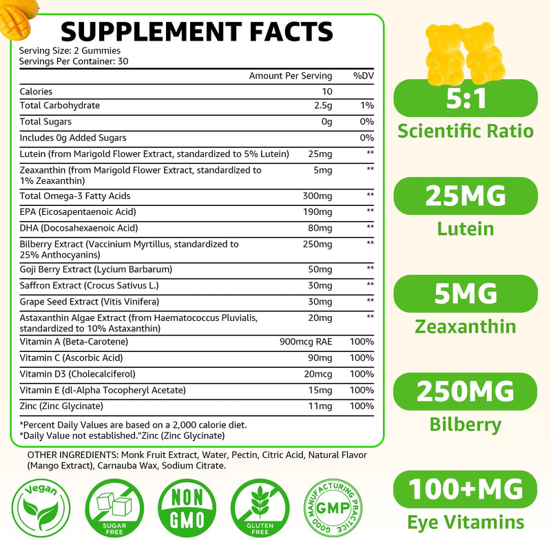 Sugar Free Lutein Gummies 25mg – Eye Health, 60 Count (Vegan)