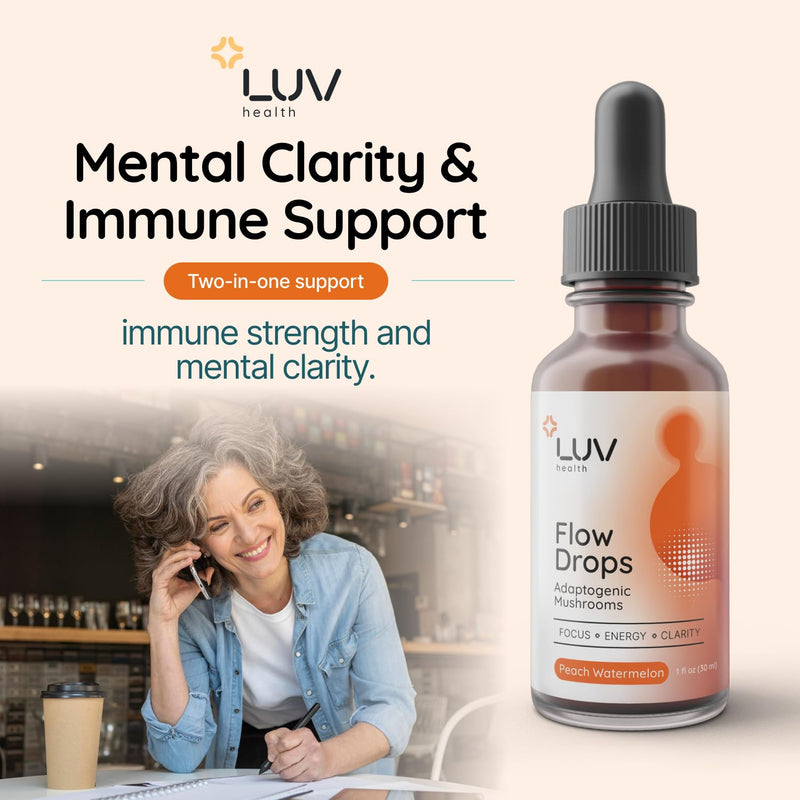 LUV health Flow Drops® – Energy, Focus & Immune Support with Adaptogenic Mushrooms | Made in USA | 90 Servings