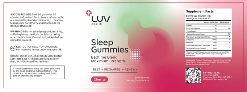 LUV health Sleep Gummies – Natural Sleep Aid with Magnesium, L-Theanine, Melatonin (30 count)