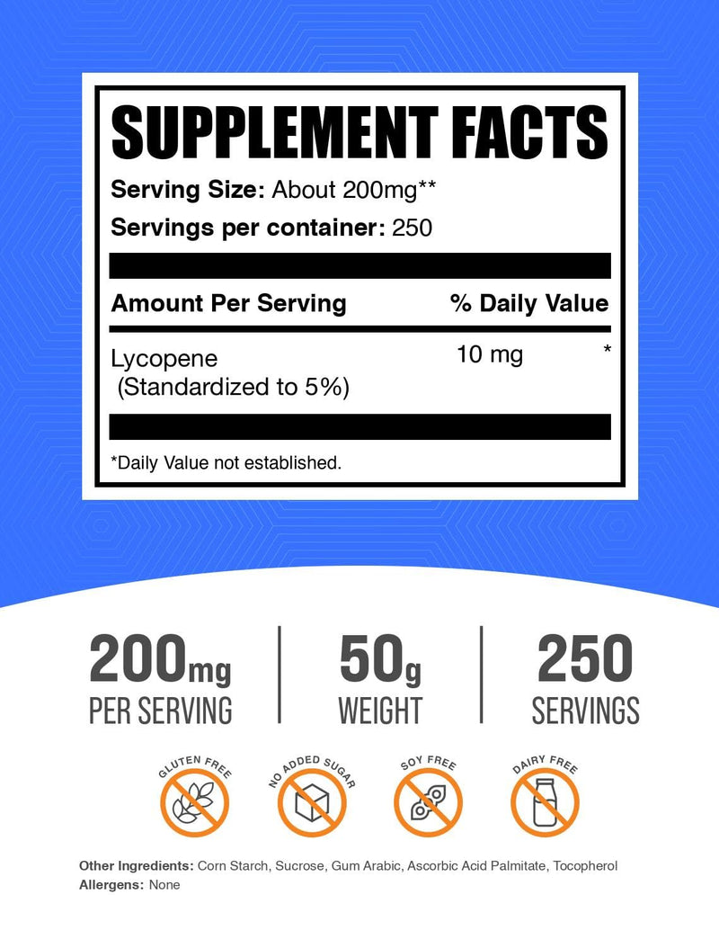 BulkSupplements.com Lycopene Powder – Lycopene 10mg Supplement, Antioxidants, Gluten Free, 50g (1.8 oz) – Pack of 1
