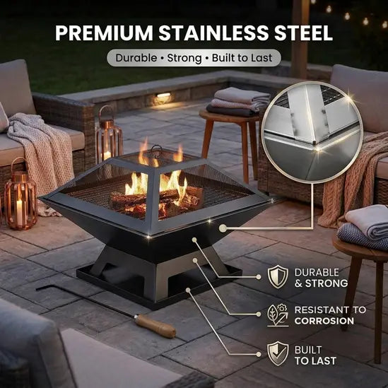 Metal Square Firepit Table Backyard Patio Garden Stove Wood Burning Fire Pit