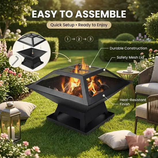 Metal Square Firepit Table Backyard Patio Garden Stove Wood Burning Fire Pit