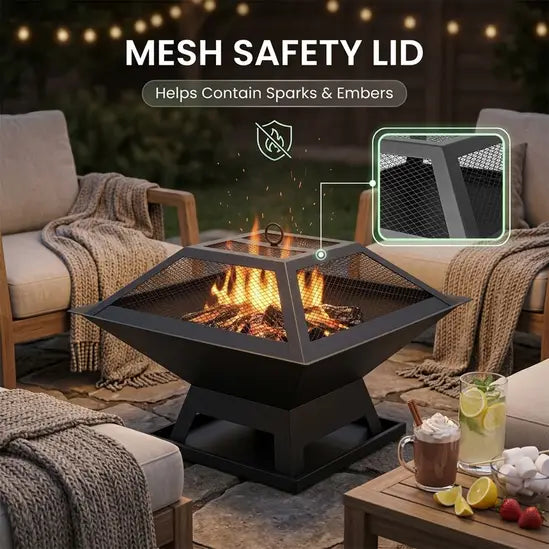 Metal Square Firepit Table Backyard Patio Garden Stove Wood Burning Fire Pit