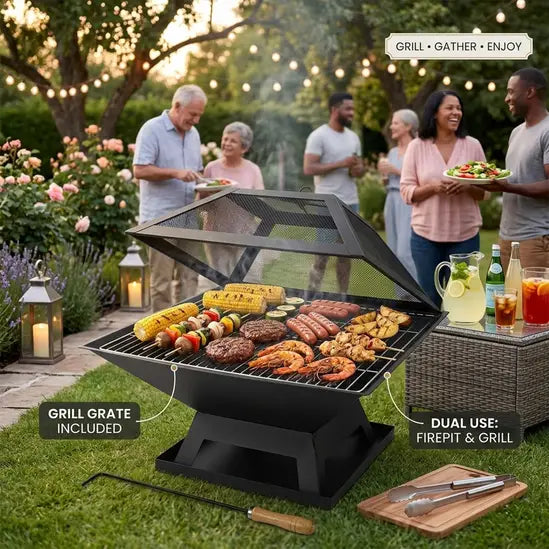 Metal Square Firepit Table Backyard Patio Garden Stove Wood Burning Fire Pit