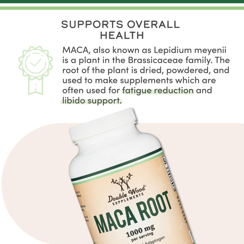 Maca Root Capsules for Women & Men – 300 Count, 1,000mg per Serving | Peru-grown Maca Powder | Double Wood