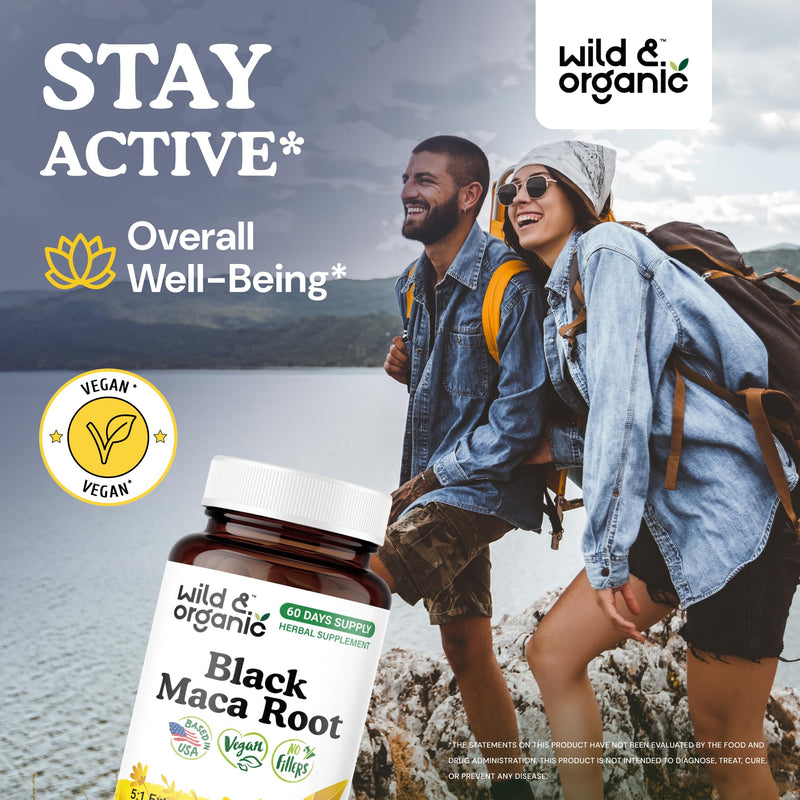 Wild & Organic Black Maca Root Capsules 500 mg – 60 Veg Caps, Non-GMO, Gluten-Free