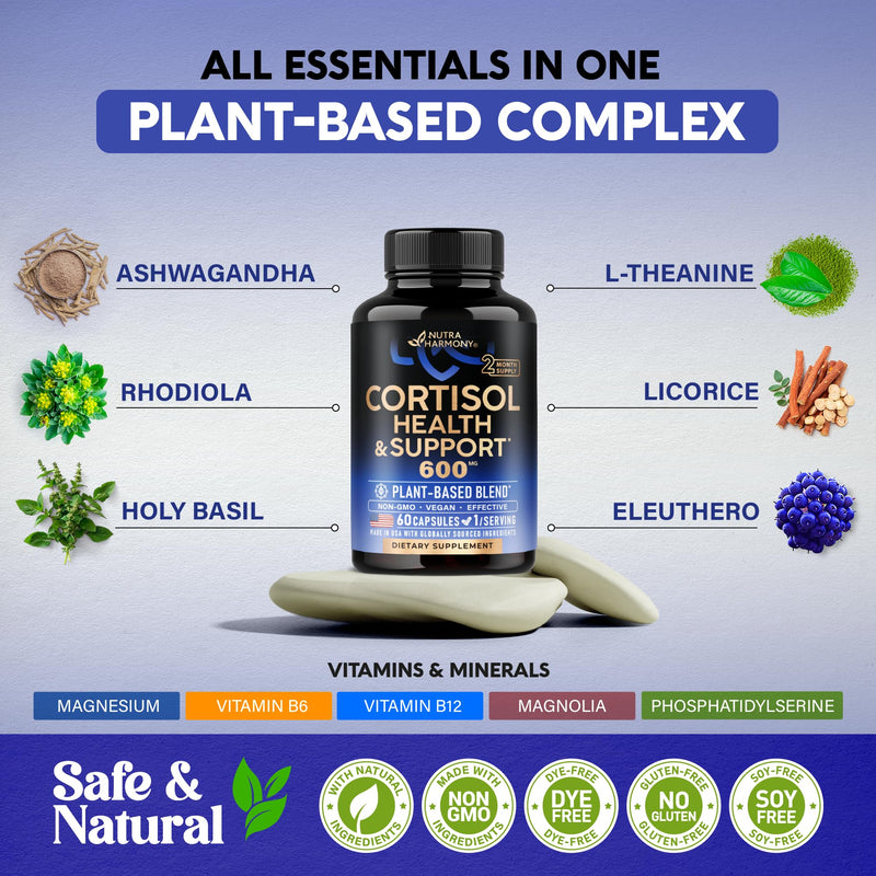 Cortisol Supplement for Women – Holy Basil, Ashwagandha, Rhodiola – Plant-Based Hormone Balance – 60 Capsules – Made in USA – Vegan, Non-GMO