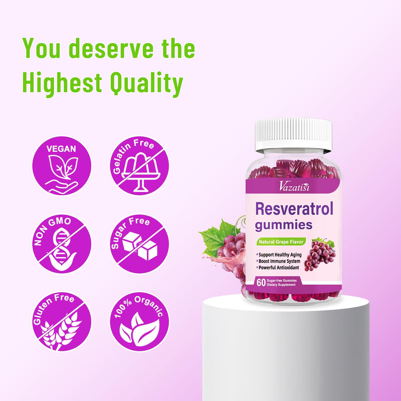 High Purity Resveratrol Gummies, 98% Trans-Resveratrol with Quercetin, Coq 10, Vitamin C, Reservatrol Supplement for Antioxidant, Anti-Aging, 60 Gummies